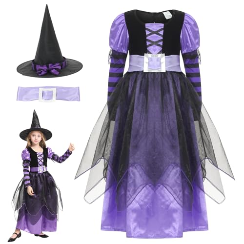 EOZY - Hexenkostüm für Mädchen, Halloween-Kostüm, Violett, Karneval, Kostüm mit Hut für Kinder Jungen 4-12 Jahre von EOZY