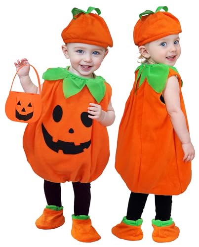 EOZY -Pumpkin Kostüm Cospkin Kostüm Halloween Karneval Kürbis Kostüm mit Hut Schuhe für Kinder Jungen 4-12 Jahre (Höhe 60-70cm) von EOZY
