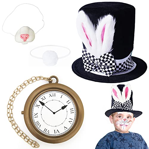 EPDPLAY 4-teiliges weißes Kaninchen-Kostüm-Set, Osterhasen-Kostüm-Zubehör – Hasenohr-Zylinderhut, übergroße Uhr, Hase, Nase und Schwanz, verrückter Hutmacher, Verkleidung für Ostern, Halloween EPDPLAY 4-teiliges weißes Kaninchen-Kostüm-Set, Osterhasen-Kostüm-Zubehör – Hasenohr-Zylinderhut, übergroße Uhr, Hase, Nase und Schwanz, verrückter Hutmacher, Verkleidung für Ostern, Halloween von EPDPLAY