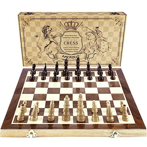 EPHIIONIY Ameriöses Schach-Set, 38,1 x 38,1 cm, zusammenklappbar, magnetisch, Holz, Standard-Schach-Spielbrett, mit Holz-Handwerksstücken und Schachman-Aufbewahrungsfächern von AMEROUS
