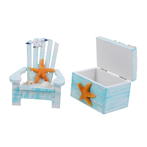 EPIGEIST 2 Stück Mediterrane Mini Holzstühle und Box Deko Handgefertigte Strandstuhl Ornamente im Maritimen Stil Naturbelassene Holzmöbel Miniatur für und Dekoration von EPIGEIST
