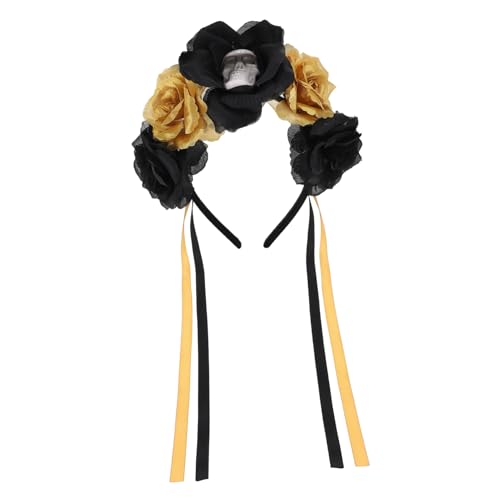 EPIGEIST Halloween Schädel Haarreif mit Blumen Kreativer Tag der Toten Kopfschmuck Goldfarbener Haarschmuck für Damen Karneval Halloween Party Festliches Kostüm Accessoire von EPIGEIST
