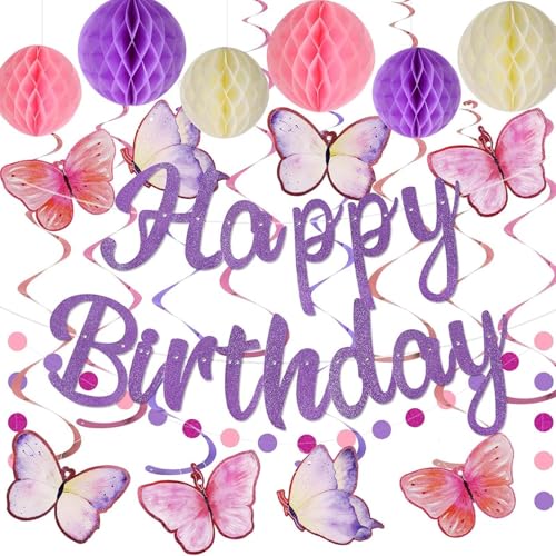 EPODA Lila Happy Birthday Deko Set - Mit Wabenball & Schmetterlings-Girlande - Kreisförmige Punkt-Dekoration für Frauen & Mädchen Geburtstagsfeier EPODA Lila Happy Birthday Deko Set - Mit Wabenball & Schmetterlings-Girlande - Kreisförmige Punkt-Dekoration für Frauen & Mädchen Geburtstagsfeier von EPODA