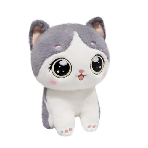 EPRHAY 23cm Ultra Weicher Grau Weiß Katze Plüschtier Stofftier Niedliche Flauschige Zeichentrick Katze Mit Großen Glitzernden Augen Puppe Liebenswerter Kuscheliger Begleiter von EPRHAY