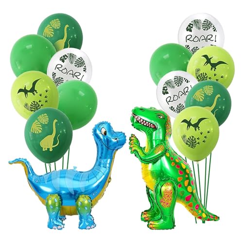 Dino Ballon, 14 Stück 3D Stehende Dinosaurier Folienballons Aufblasbar mit Dinosaurier Latexballons Grün Blau für Geburtstagsfeier Babyparty (Grün) von EQLEF