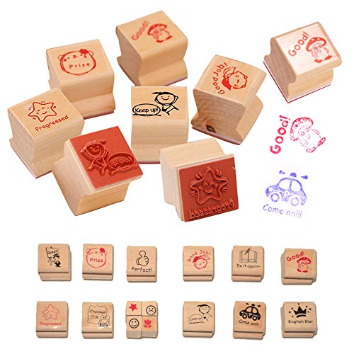 EQLEF 15 PCS hölzerner Karikatur-DIY Stempel-Lehrer Anmerkungen Ermutigen Sie Stempel von EQLEF