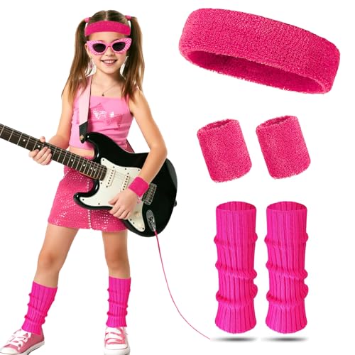 EQLEF 4 Pcs 80er Jahre Outfit Kinder, Neon Kostümsets Kinder und Fitness Kinders Armbänder und Neon Kopfbänder für Themenparty Tanzparty Karneval (Rosa) von EQLEF