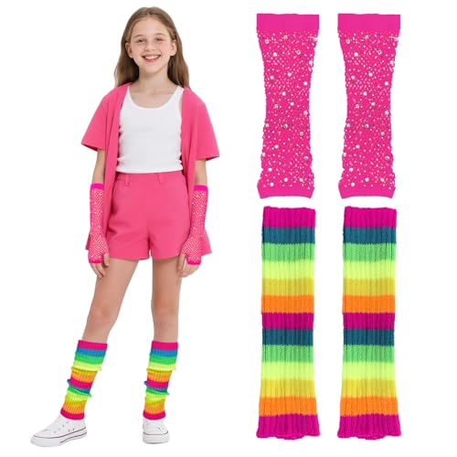 EQLEF 80er Jahre Outfit für Mädchen, Retro Neon Bein Warmer und funkelnde Fishnet Handschuhe Kinder für 1980er Themenparty Neon Tanzparty Fancy Kleid (Regenbogen) von EQLEF