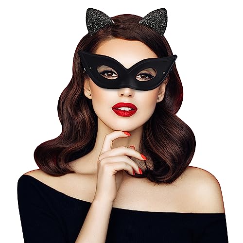 EQLEF Catwoman maske und katzenohren haarreif Set, Schwarze Katzenaugenmaske mit elastischer Schnur Maskerade Masken für Frauen Mädchen Catwoman Maske für Katze Thema Party Cosplay Kostüm von EQLEF