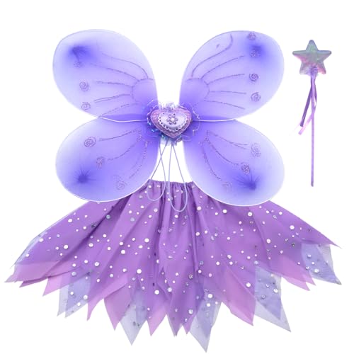 EQLEF Fee Kostüm Kinder, Tutu Kleid Schmetterling Flügel Set Lila Fee Prinzessin Flügel Kostüm für Mädchen Dress Up Party 3Pcs von EQLEF
