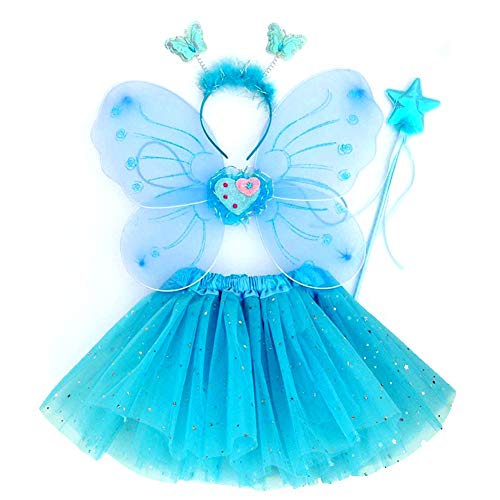 EQLEF Fee Kostüm Kinder, Tutu Wings Schmetterlingsflügel Set Fee Prinzessin Wings Kostüm für Mädchen Mädchen Partykostüm (Blau) von EQLEF