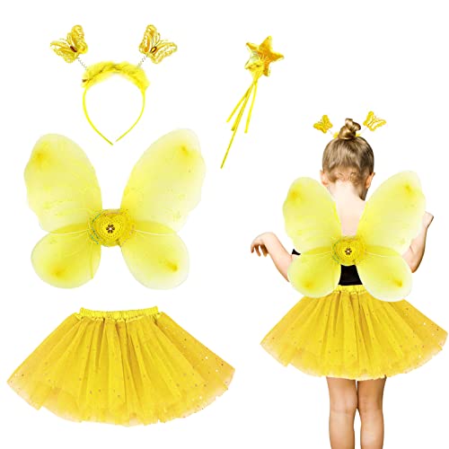 EQLEF Fee Kostüm Kinder, Tutu Wings Schmetterlingsflügel Set Fee Prinzessin Wings Kostüm für Mädchen Mädchen Partykostüm (Gelb) von EQLEF