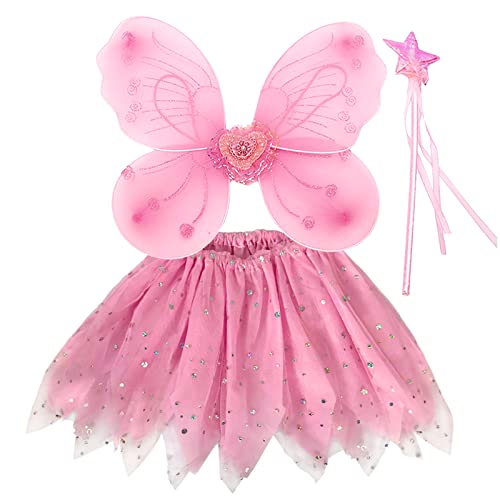 EQLEF Fee Kostüm Mädchen, Prinzessin, Fee Schmetterlingsflügel für Mädchen Tutu Flügel festgelegt - Set von 3 (Rosa) von EQLEF