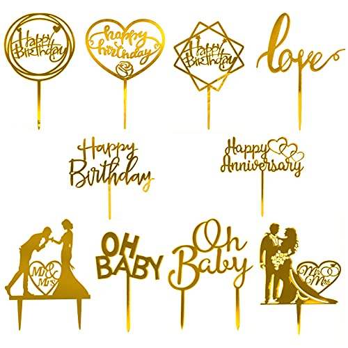 EQLEF 10 Stück Kuchen Topper, Alles Gute zum Geburtstag Kuchen Dekorationen Cupcake Toppers Gold für Geburtstag Hochzeitstag Baby Shower Theme Cake von EQLEF