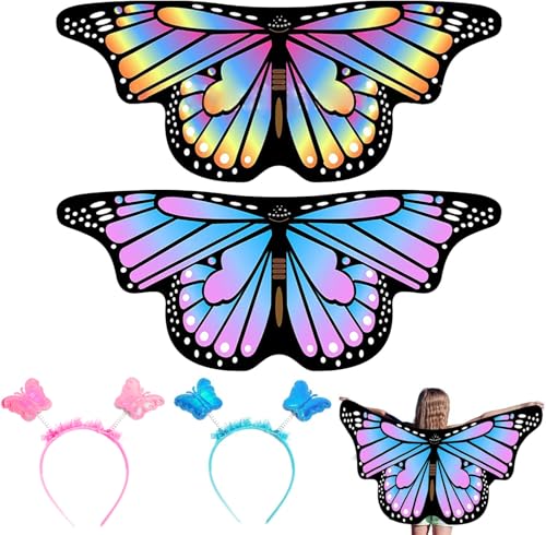 EQLEF Schmetterlingsflügel Kinder, 2PCS Feenflügel Mit Stirnband, Schmetterling Kostüm Umhang für Mädchen Fancy Kleid Party Play Favor 3-6 Jahre Alt (Bunt+Blau) von EQLEF