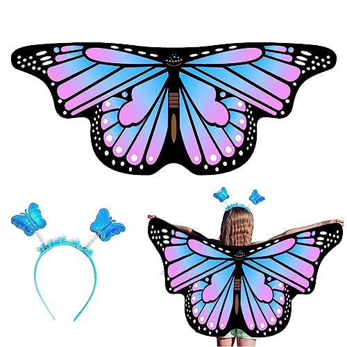 EQLEF Schmetterlingsflügel Kinder, Feenflügel Kinder mit Stirnband Schmetterling Kostüm Kinder Kostüm Schmetterling Umhang für Mädchen Fancy Kleid Party Play Favor 3-6 Jahre alt (Blaurosa) von EQLEF