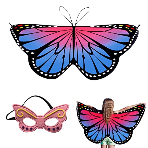 EQLEF Schmetterlingsflügel Kinder, Feenflügel Kinder mit Stirnband Schmetterling Kostüm Kinder Kostüm Schmetterling Umhang für Mädchen Fancy Kleid Party Play Favor 3-8 Jahre alt (Rosa Blau) von EQLEF