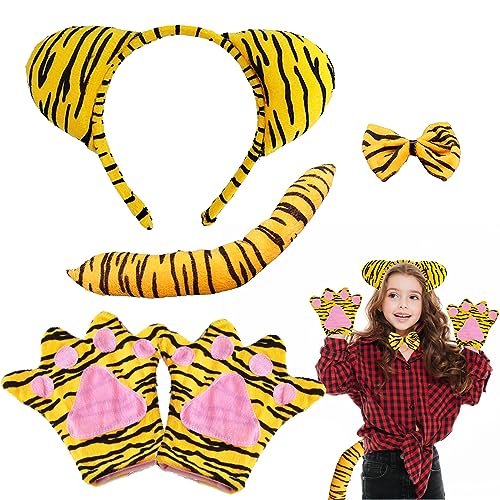 EQLEF Tierkostüm kinder, 4-Pcs Kinder Tiger Kostüm Tiger Stirnband Kralle Handschuhe Tiger Schwanz und Fliege für Jungen und Mädchen Tier Fancy Kleid auf Cosplay Party Halloween (3-6 Jahre alt) von EQLEF