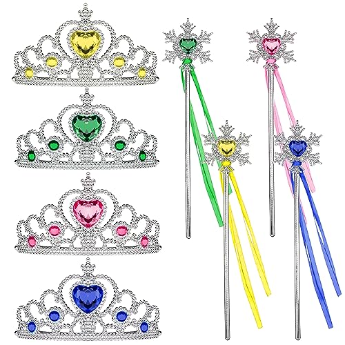 Prinzessin Krone Mädchen, Kinder Tiara und Stab 4 Set Kronen Party Kristall Kronprinzessin Dress Up Haarschmuck Geburtstag Tiara Geschenk für Mädchen 3-12 Jahre (Gelb, Grün, Heißrosa und Dunkelblau) von EQLEF
