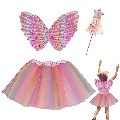 EQLEF Schmetterling Kostüm Kinder, Schmetterling Fee Flügel Rosa Tutu Kleid mit Magic Star Wand Schmetterling Kostüm Prinzessin Fee Dress Up für Cosplay Halloween Tanzen (3-6 Jahre alte Mädchen) von EQLEF