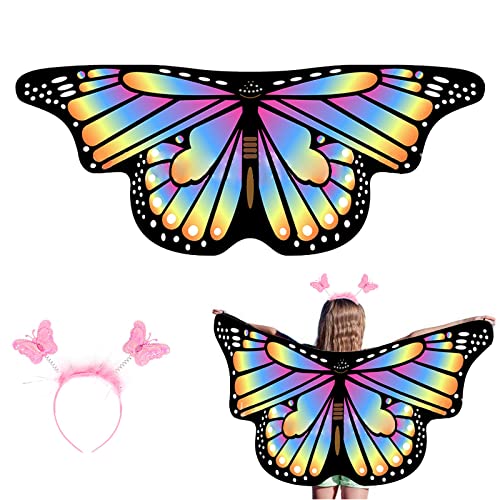 EQLEF Schmetterlingsflügel Kinder, Feenflügel Kinder mit Stirnband Schmetterling Kostüm Kinder Kostüm Schmetterling Umhang für Mädchen Fancy Kleid Party Play Favor 3-8 Jahre alt (Regenbogenfarbe) von EQLEF