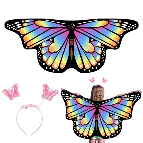 EQLEF Schmetterlingsflügel Kinder, Feenflügel Kinder mit Stirnband Schmetterling Kostüm Kinder Kostüm Schmetterling Umhang für Mädchen Fancy Kleid Party Play Favor 3-8 Jahre alt (Regenbogenfarbe) von EQLEF