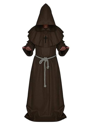 Friar Mittelalterliches Kapuzenkostüm Herren Mönch Renaissance Priester Robe mit Kreuz Seilgürtel für Erwachsene Halloween Outfits Cosplay (Braun, L) von EQTGI