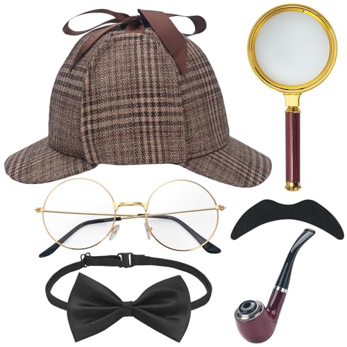 ERDOGLY Detektiv Kostüm Zubehör Set, Detektiv Outfit Zubehör für Erwachsene Männer Frauen mit Detektivhut, Lupe, Schwarze Fliege für Halloween Dress Up, Braun von ERDOGLY
