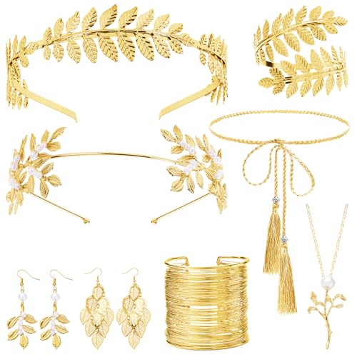 ERDOGLY Kostümzubehör-Set für Frauen mit griechischer Göttin, goldene Lorbeerblatt-Krone, Kopfbedeckung, Oberarm-Manschetten-Armband, Perlenblatt-Ohrring, römischer Toga-Taillengürtel für Party von ERDOGLY