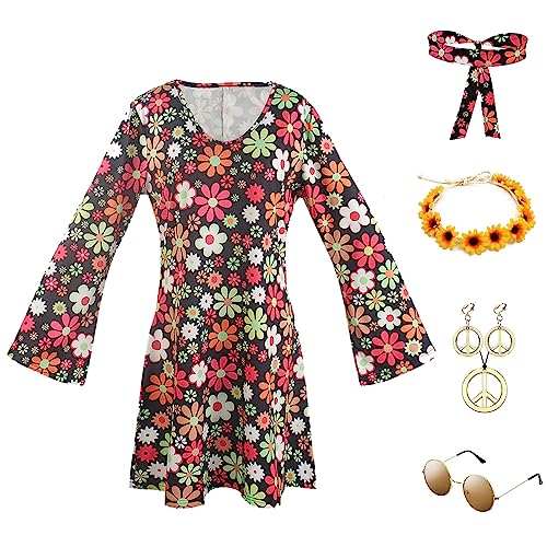 6 Stück Hippie Kostüm Damen, 60er-70er Jahre Bekleidung Damen, Hippie Kleidung Damen, Hippie Kleider, mit Halskette Ohrringe Sonnenbrille, Hippie Accessoires, für Halloween, Karneval Motto Party von ERFGT