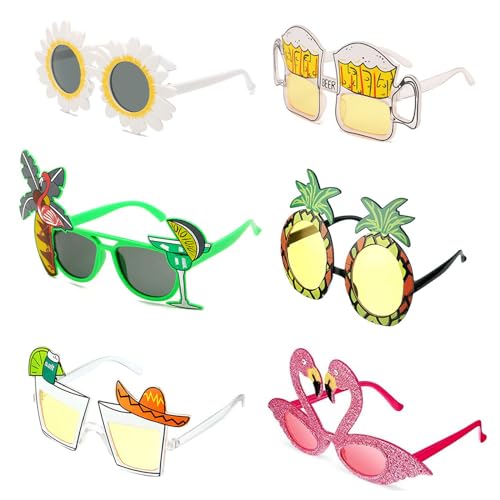 ERFGT 6 Paar Hawaiian Tropical Party Brille, Lustiges Sonnenbrillen Set, Neuheit Partybrille, Ananas Brille, Strandparty Sonnenbrillen, für Strand Thema Dekoration Party Zubehör, Foto Requisiten von ERFGT