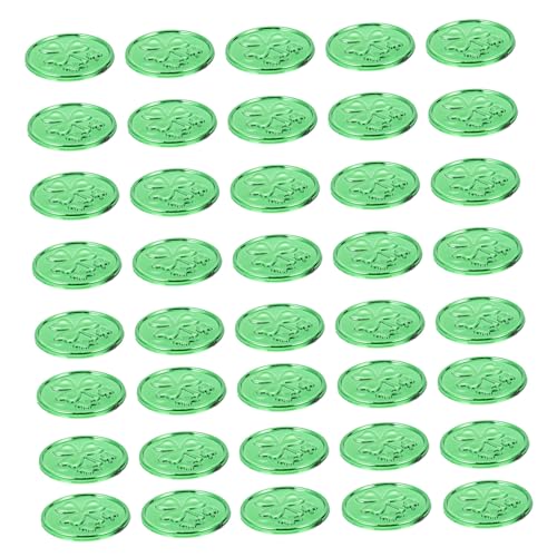 ERINGOGO 100 Stück Münzen Für Rundes Kleeblatt Spielzubehör Desktop Spielmünzen Requisiten Kleeblatt Münzen Requisiten Spielmünzen Münzspielzeug Kleeblatt Plastikmünzen PVC Grün von ERINGOGO