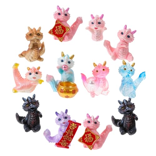 ERINGOGO 12 Stück Teiliges Resin Bunte Drachenfiguren Detailreiche Miniatur Dekorationen für Desktop Garten und Mikro Landschaft Langlebige Handbemalte Chinesische Zodiac Drachen Spielzeuge von ERINGOGO