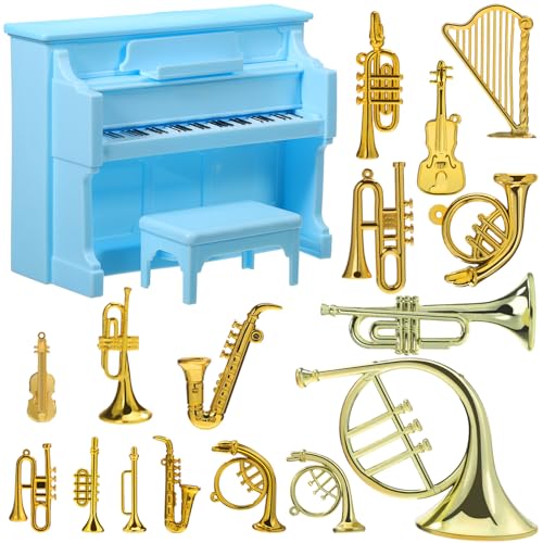 ERINGOGO 16-Teiliges Miniatur-Musikinstrument + 1-Teiliges Klaviermodell Puppenhaus-Musikinstrumente Miniaturhaus-Dekorationen Winzige Instrumente Mini-Klavier-Puppenhaus-Zubehör von ERINGOGO