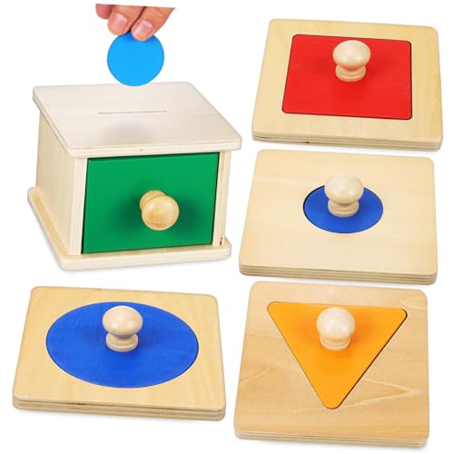 ERINGOGO 2 Satz Holzspielzeug für Kleinkinder Teilig Montessori Geometrische Formen Puzzles und Münzbox Lernspielzeug zur Farb und Formerkennung für Junge Mädchen und Kleinkinder Sicher von ERINGOGO