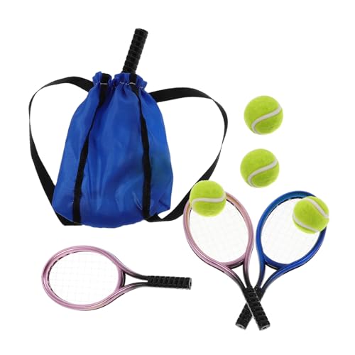 ERINGOGO 2 Satz Mini Tennisschläger mit Ball Leichte Miniatur Sport-Accessoires für Puppenhaus Realistische DIY Dekoration Kindgerechtes Material für Fotorequisiten und Spielspaß von ERINGOGO