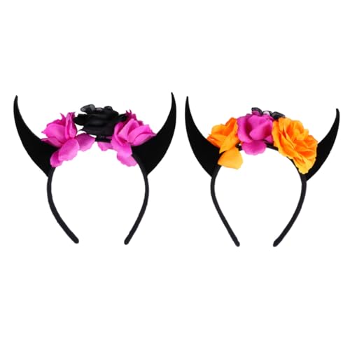 ERINGOGO 2 Stück Halloween Haarreif mit Teufelshörnern und Schädel Blumen Teiliges Stirnband für Damen Karneval Party Cosplay Kostüm Zubehör Geeignet für Halloween und Mottofeiern von ERINGOGO