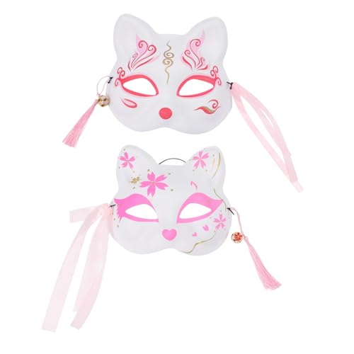 ERINGOGO 2 Stück Japanische Katzenmaske Halbgesichtsmaske mit Quasten und Glocken Leichte Cosplay-maske für Festival Karneval Halloween und Geschenkideen von ERINGOGO