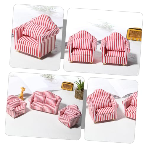 ERINGOGO 2 Stück Maßstab Gestreiftes Rotes und Weißes Sofa aus Holz und Kindgerechtes Mini Wohnzimmer Zubehör für Puppenhaus von ERINGOGO