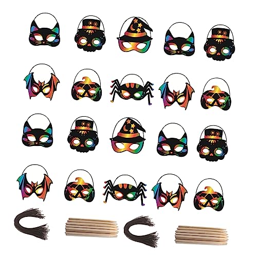 ERINGOGO 28 Stück Teiliges Halloween Kratzpapier Masken DIY Bastelspielzeug für Bunte Kratzbilder Masken Lustige Halloween Party Zubehör für Familienaktivitäten und Festdekoration von ERINGOGO