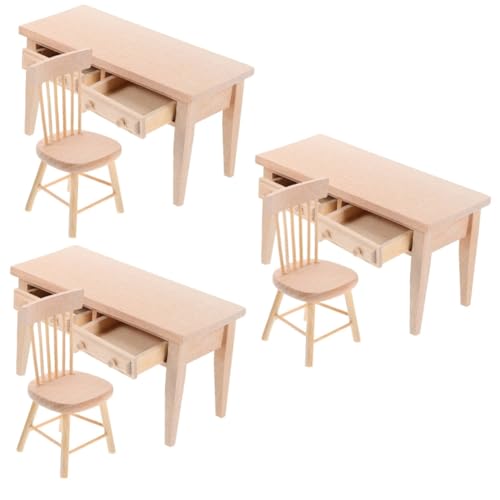ERINGOGO 3 Sätze Miniaturmöbel Modelle Schreibtische puppenhaus Mini möbel Mini-Stühle Puppenstubentisch Mini-Holzstühle Miniaturtisch hölzern schmücken Holztisch einstellen Stuhl von ERINGOGO