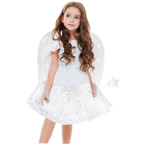 ERINGOGO 3 Teiliges Set Dreiteiliges Set Aus Kurzem Rock Zauberstab Party Ankleide Engelsflügel Party Fee Cosplay Party Kostüm Fee Anzieh Engel Cosplay Engel Kostüm von ERINGOGO