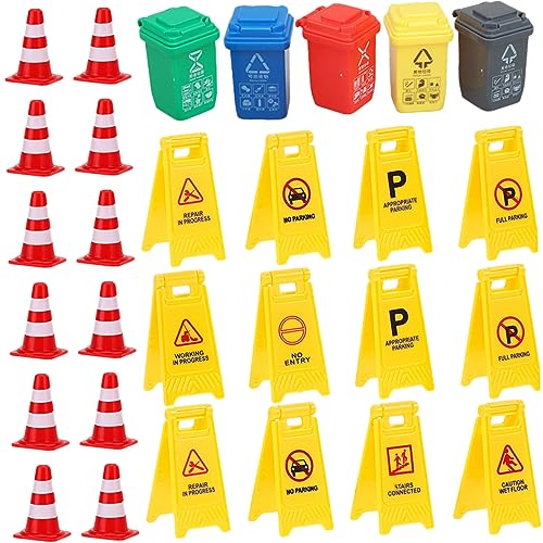 ERINGOGO 37Stücke Teiliges Verkehrsschild Spielzeugset Für Jahren Lernspielzeug Mit Verkehrszeichen Verkehrskegeln Mülltonnen Und Wasserbarrieren Für Vorschule von ERINGOGO