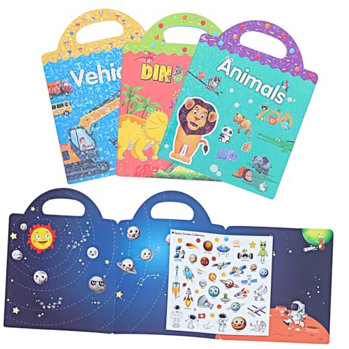 ERINGOGO 4 Sätze Teiliges DIY Stickerbuch für Tier Verkehrs Dinosaurier Weltraum Motiven Wiederverwendbar Fördert Kreativität Konzentration und Spielerisches Lernen Geschenk für Jahre von ERINGOGO