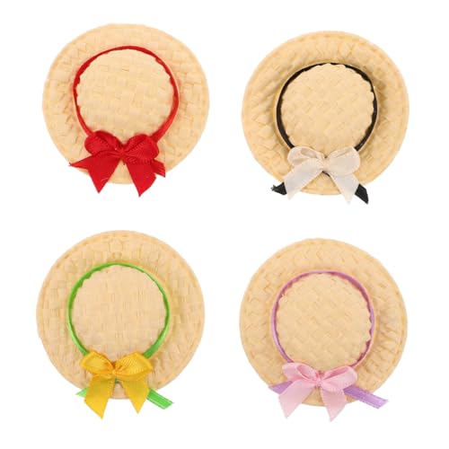 ERINGOGO 4 Stück Handgewebte Mini Strohhüte für Puppenhausdekoration Kleine Bunte Sonnenhüte Komfortabler Sitz für DIY Bastelprojekte und Sammler von ERINGOGO