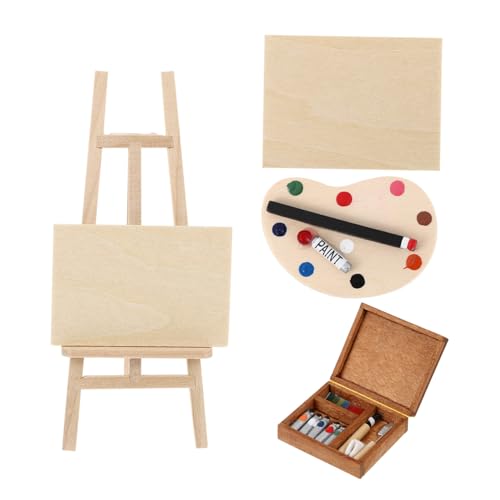 ERINGOGO 4 Stück Miniatur Holz Staffelei Malset Teilig mit Öl und Aquarellpalette Puppenhaus Möbel Dekoration Leichtes Detailreiches Miniatur Künstler Zubehör für Kreative von ERINGOGO