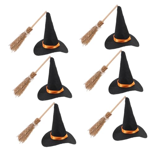 ERINGOGO 6 Satz Teiliges Halloween Mini Hexenhut Set mit Besen Filzbezogen Detailreiches Design Langlebig und Bequem DIY Dekoration für Puppen Flaschen und Halloween Party Festliche von ERINGOGO