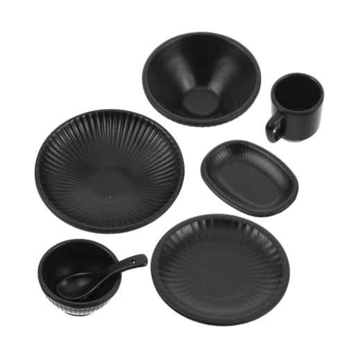ERINGOGO 7 Stück Teiliges Miniatur-dinnerware-Set mit Vertikalen Streifen Japanischer Stil Metallgeschirr für Puppenhaus Kleine Schalen Teller und Tassen Stabile Mini-küchenaccessoires für von ERINGOGO