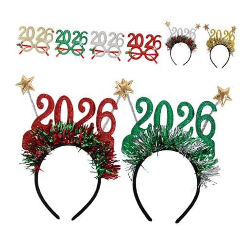 ERINGOGO 8 Stück Teiliges Silvester Brillen und Haarreifen Glitzernde Neujahrs Party Accessoires Leichtes Kopfband mit Brillenrahmen Kreative Fotorequisiten für Festliche Jahreswechsel von ERINGOGO