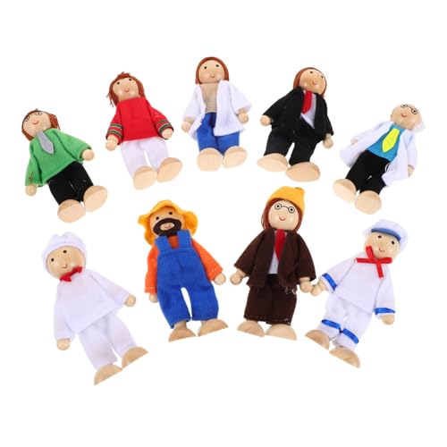 ERINGOGO 9 Stück Teiliges Holzpuppe Familien-Set mit Beweglichen Gelenken Miniatur-puppenhaus Figuren für Kleinkinder Realistische Gemeinschaftshelfer Pädagogisches Rollenspiel Feinmotorik von ERINGOGO